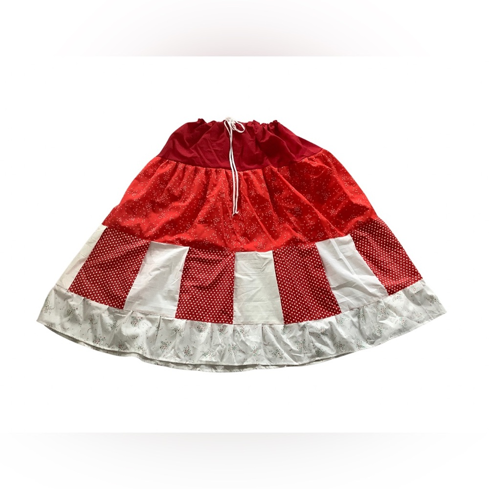 Red Patchwork Skirt Long Adjustable Drawstring Wa… - image 2